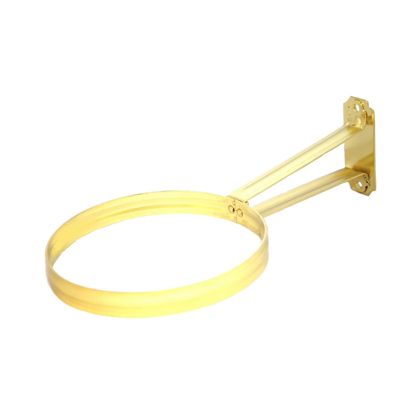 Polished brass wall bracket with 11-3/4" length and 6" diameter ring, designed for mounting Aladdin oil lamps, ideal for Lamps & Lighting, Oil Lamps, and Wall Lamps collections.