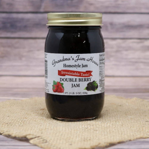 Handcrafted jar of double berry homestyle jam with gold lid and white label featuring strawberry and blackberry illustrations, made in USA, perfect for Kitchen & Food, Pantry, Peanut Butter & Jellies, Best Sellers, and Promo Eligible collections.
