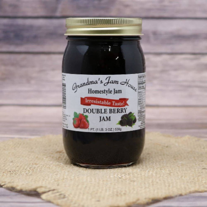 Handcrafted jar of double berry homestyle jam with gold lid and white label featuring strawberry and blackberry illustrations, made in USA, perfect for Kitchen & Food, Pantry, Peanut Butter & Jellies, Best Sellers, and Promo Eligible collections.