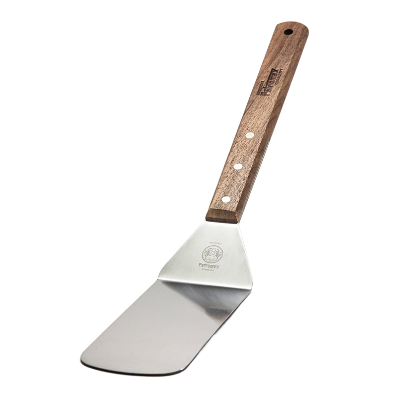 Flexible spatula with a polished stainless steel blade and ergonomic wooden handle engraved with branding, perfect for grilling and kitchen tasks in Cooking and Baking Helpers.