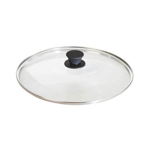 Clear round tempered glass lid with stainless steel rim and black knob handle, designed for cast iron cookware, suitable for Kitchen & Food, Cookware, Cast Iron, Pots and Pans, and Best Sellers collections.