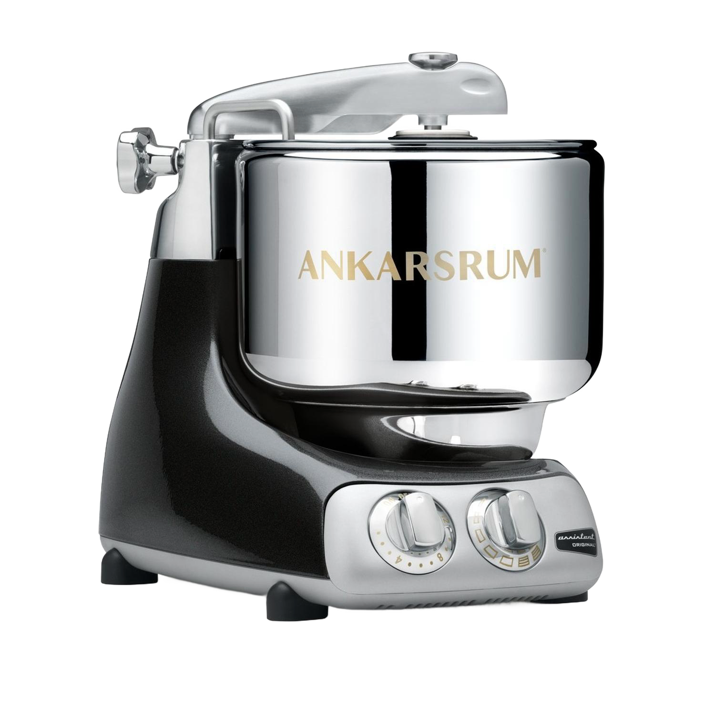 Heavy-duty stand mixer with polished stainless steel bowl and black base featuring dual control dials, designed for serious baking in Kitchen & Food and Bread Making Supplies collections.