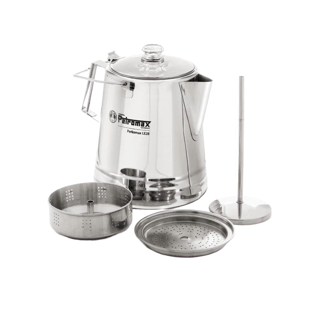 Stainless steel coffee percolator with clear glass lid, perforated filter basket, and pump rod, designed for gentle brewing in Camping, Kitchen & Food, Farm, Garden & Tool, and Brewing Coffee and Tea collections.