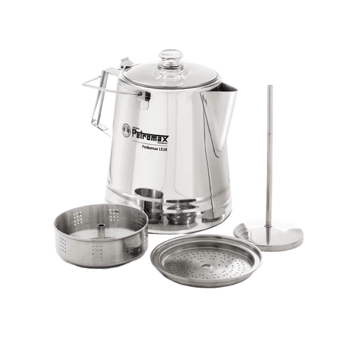 Stainless steel coffee percolator with clear glass lid, perforated filter basket, and pump rod, designed for gentle brewing in Camping, Kitchen & Food, Farm, Garden & Tool, and Brewing Coffee and Tea collections.