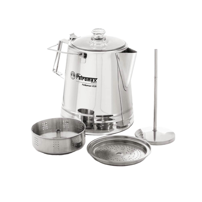 Stainless steel coffee percolator with clear glass lid, perforated filter basket, and pump rod, designed for gentle brewing in Camping, Kitchen & Food, Farm, Garden & Tool, and Brewing Coffee and Tea collections.