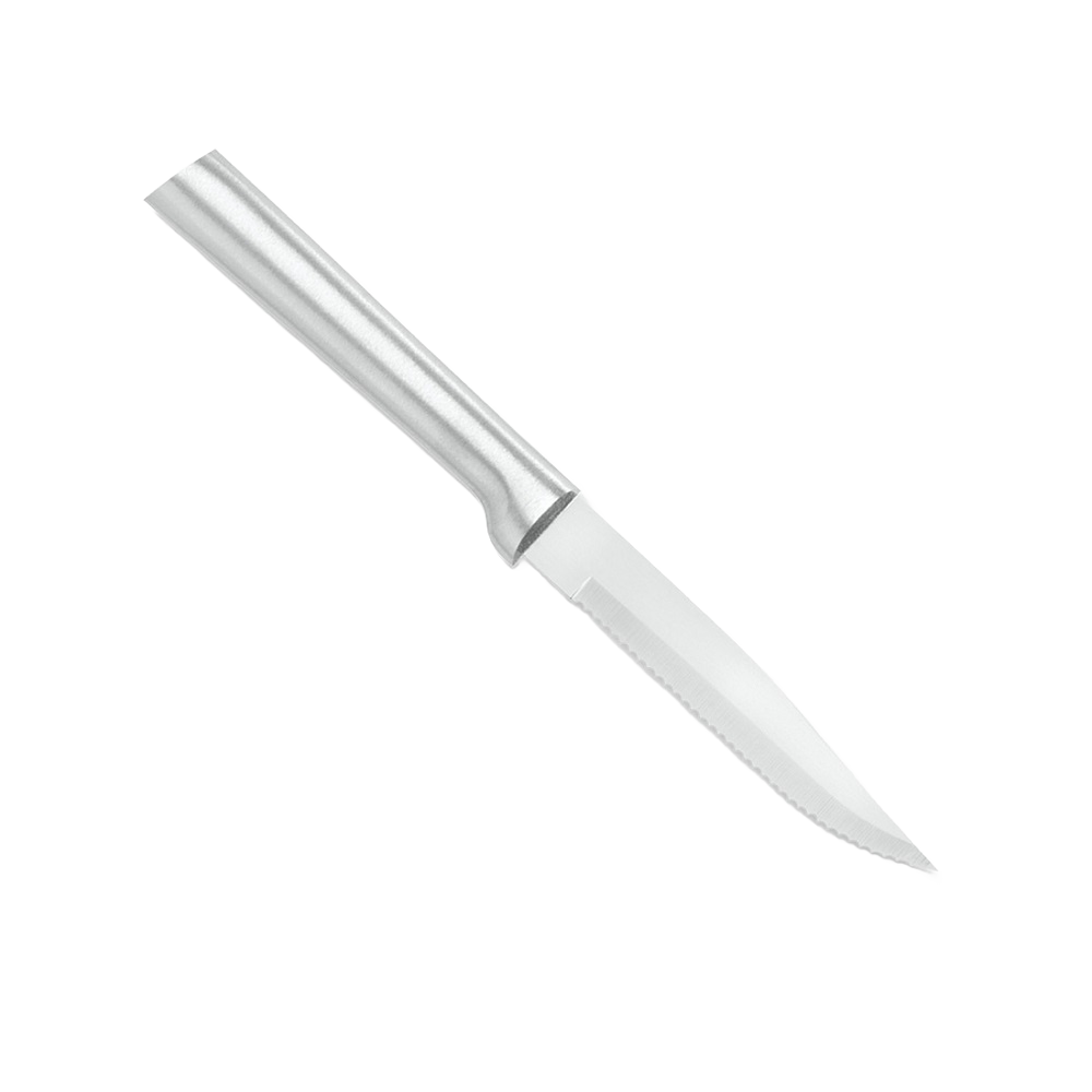 Handcrafted serrated steak knife featuring a high carbon surgical stainless steel blade and solid aluminum handle, made in USA, ideal for Kitchen & Food and Farm, Garden & Tool collections.
