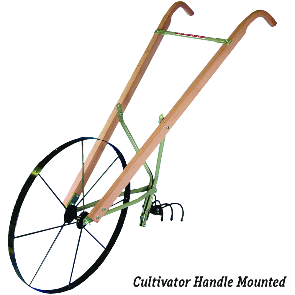 Handcrafted Amish made hardwood handles mounted on a green metal cultivator frame with a large spoked wheel, featured in Farm, Garden & Tool, Digging and Cultivating, Best Sellers, and Promo Eligible collections.