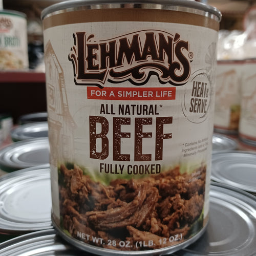 Can of handcrafted all natural fully cooked beef with rustic label promoting simple meal preparation, featured for Farm, Garden & Tool, Kitchen & Food, Emergency Supplies, Food, Meats, Best Sellers, and Promo Eligible collections.