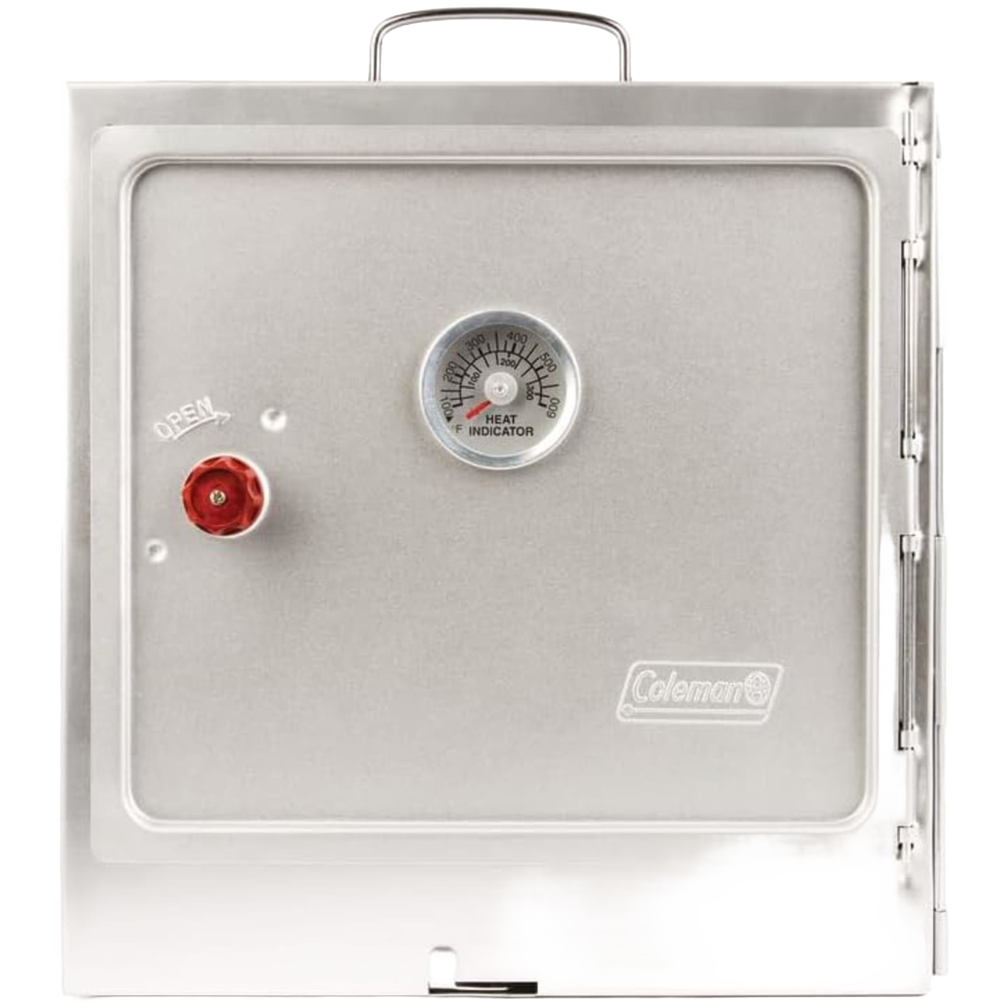 Compact aluminized steel portable oven with built-in thermometer and red knob, designed for camping and outdoor cooking in Farm, Garden & Tool and Camping collections.