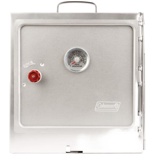 Compact aluminized steel portable oven with built-in thermometer and red knob, designed for camping and outdoor cooking in Farm, Garden & Tool and Camping collections.