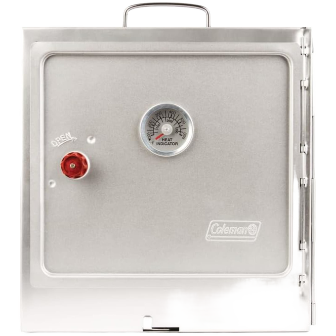 Compact aluminized steel portable oven with built-in thermometer and red knob, designed for camping and outdoor cooking in Farm, Garden & Tool and Camping collections.