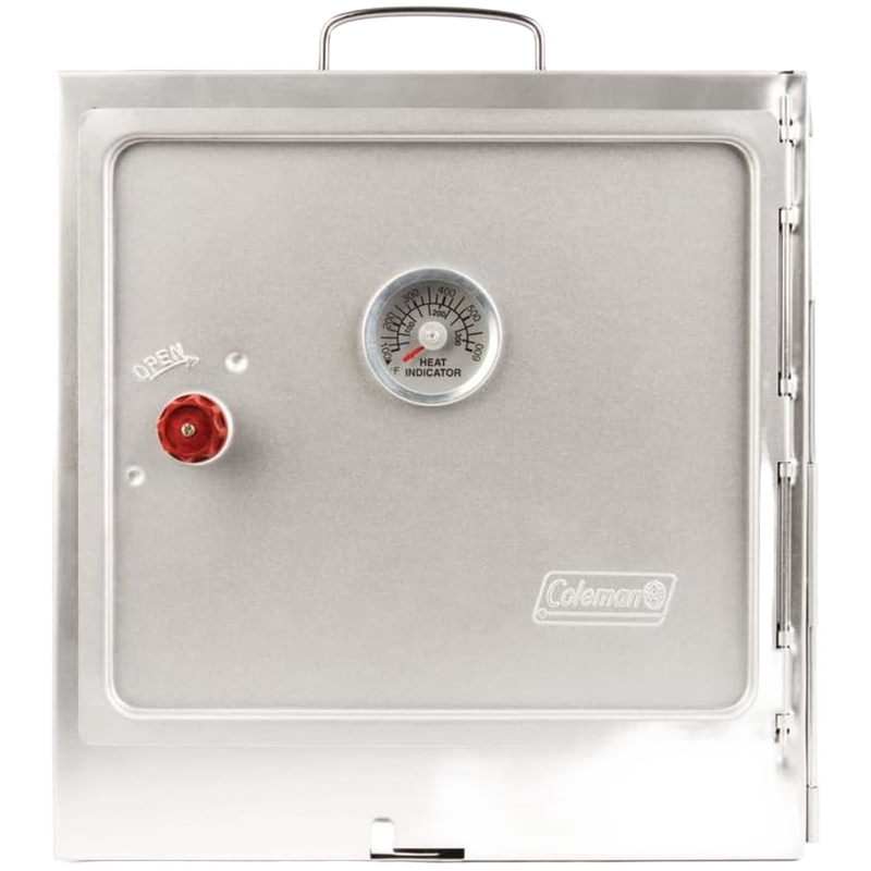 Compact aluminized steel portable oven with built-in thermometer and red knob, designed for camping and outdoor cooking in Farm, Garden & Tool and Camping collections.
