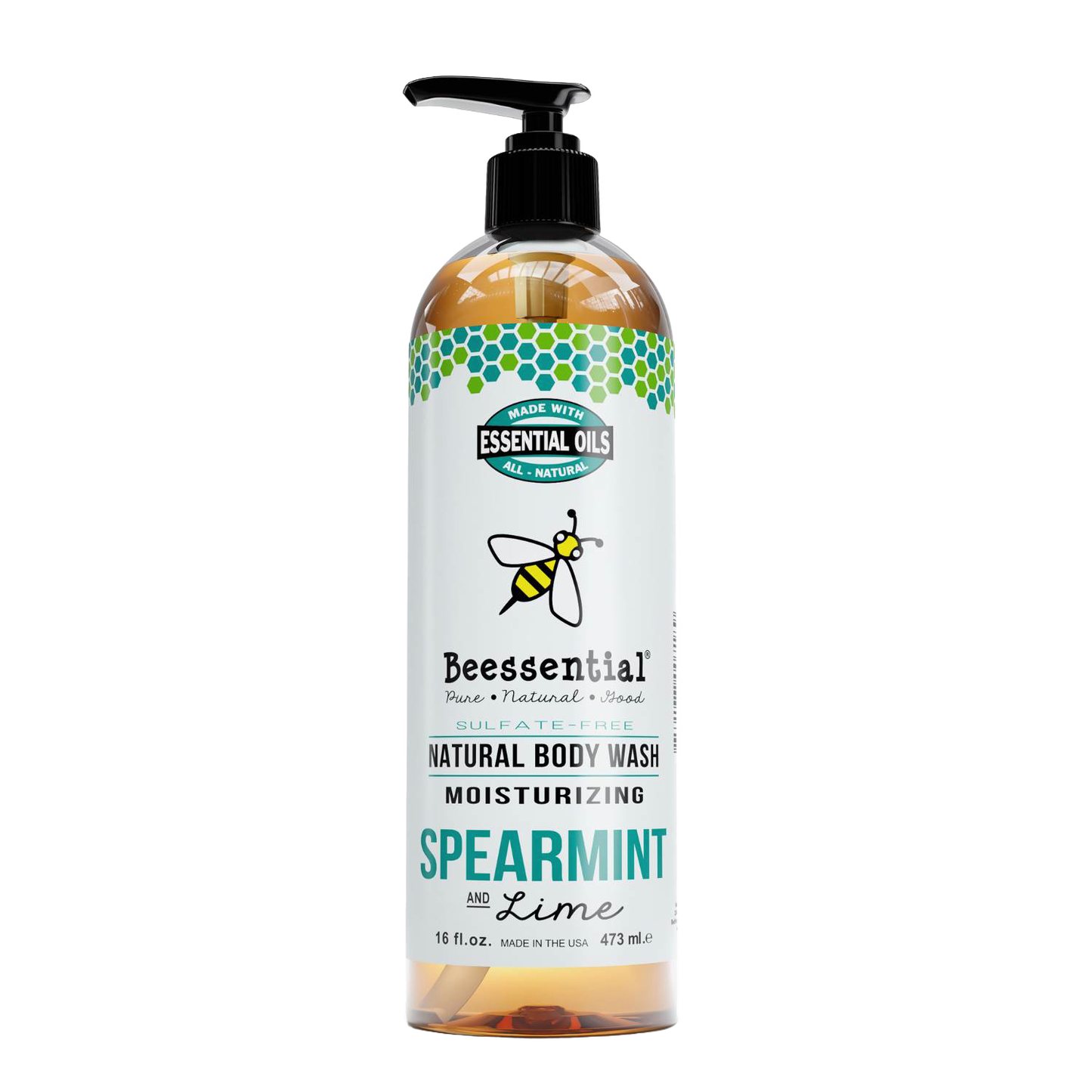 Handcrafted Beessential natural body wash with moisturizing spearmint and lime scent, sulfate-free and made in USA Ohio, featured in Health & Wellness, Grooming and Personal Hygiene, Soaps, USA Made, Best Sellers, and Promo Eligible collections.