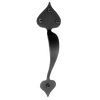 Black wrought iron door handle with decorative spade-shaped ends and visible mounting screws, fitting traditional or rustic kitchen accessories and hardware collections.