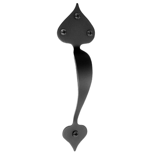 Black wrought iron door handle with decorative spade-shaped ends and visible mounting screws, fitting traditional or rustic kitchen accessories and hardware collections.