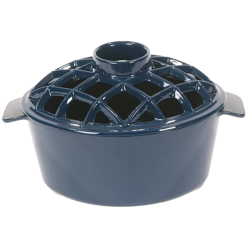 Durable blue porcelain steamer with lattice-style vented lid designed to add moisture when placed on a wood stove, featured in Stoves, Hearth Accessories, Best Sellers, and Promo Eligible collections.