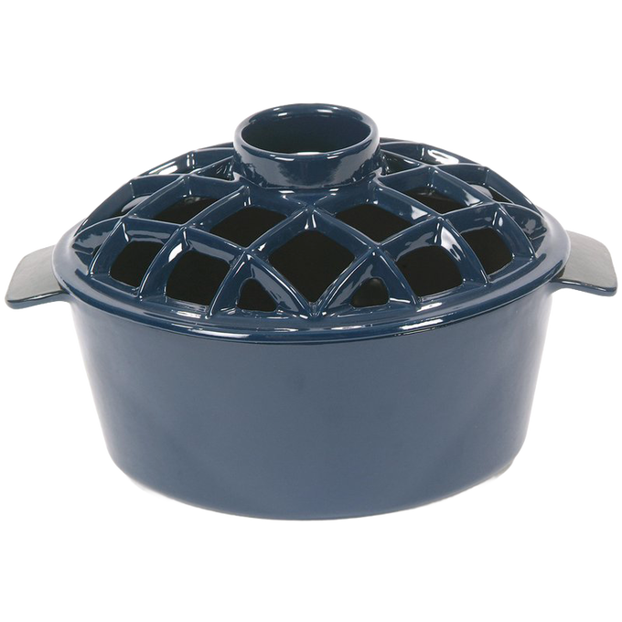 Durable blue porcelain steamer with lattice-style vented lid designed to add moisture when placed on a wood stove, featured in Stoves, Hearth Accessories, Best Sellers, and Promo Eligible collections.