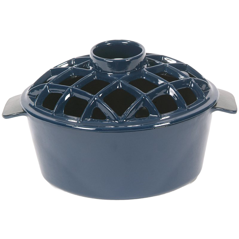 Durable blue porcelain steamer with lattice-style vented lid designed to add moisture when placed on a wood stove, featured in Stoves, Hearth Accessories, Best Sellers, and Promo Eligible collections.