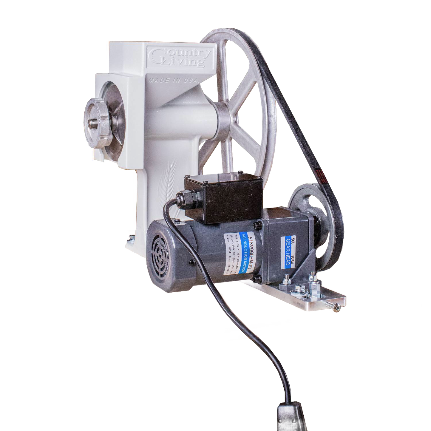 Handcrafted motorization kit featuring a gear-reduced electric motor, pulley, belt, and mounting board, designed for grain mills and made in USA, ideal for kitchen and bread making supplies.