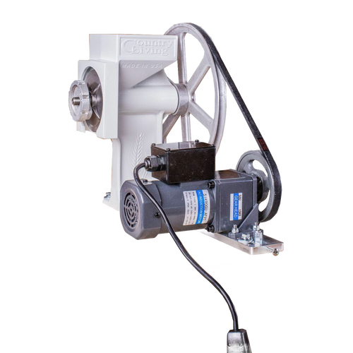 Handcrafted motorization kit featuring a gear-reduced electric motor, pulley, belt, and mounting board, designed for grain mills and made in USA, ideal for kitchen and bread making supplies.