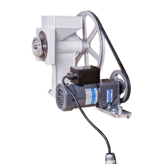 Handcrafted motorization kit featuring a gear-reduced electric motor, pulley, belt, and mounting board, designed for grain mills and made in USA, ideal for kitchen and bread making supplies.