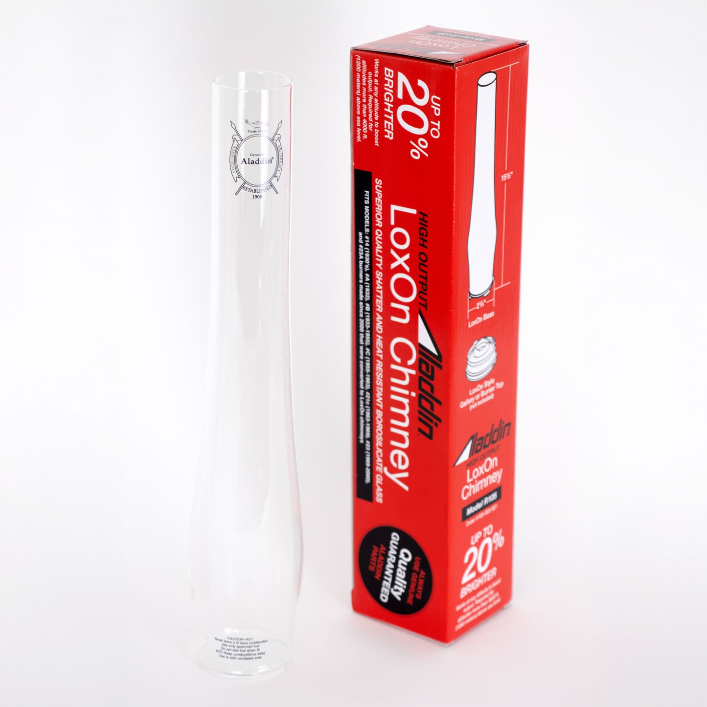 Tall clear borosilicate glass chimney with printed logo, designed for increased light output and durability, displayed with its red branded packaging, featured in Lamps & Lighting, Parts and Accessories, and Chimneys and Globes collections.