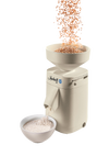 Electric grain mill with a beige finish grinding wheat into fresh flour, featuring a top hopper and bowl below, perfect for Kitchen & Food and Grain Mills collections.