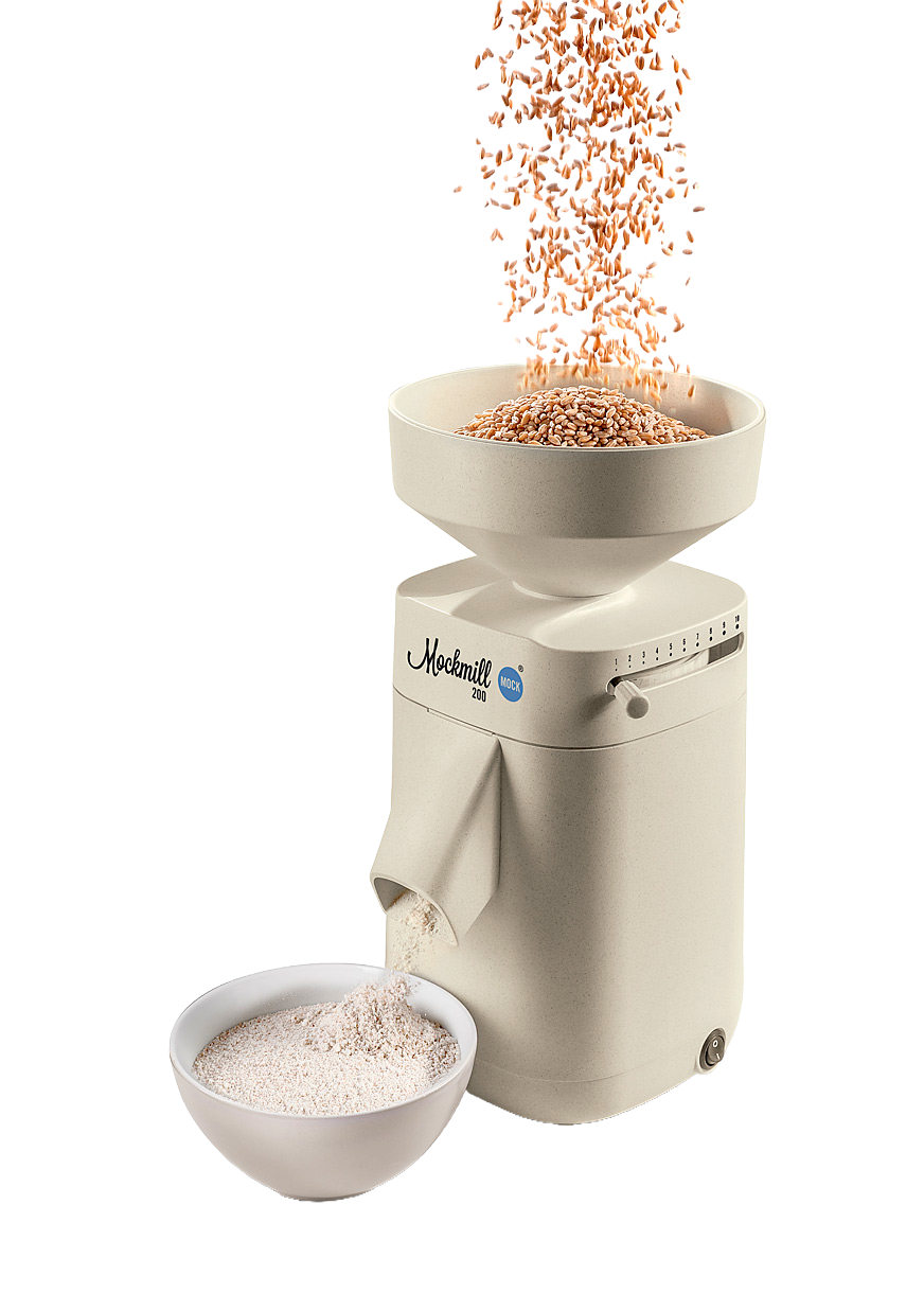 Electric grain mill with a beige finish grinding wheat into fresh flour, featuring a top hopper and bowl below, perfect for Kitchen & Food and Grain Mills collections.