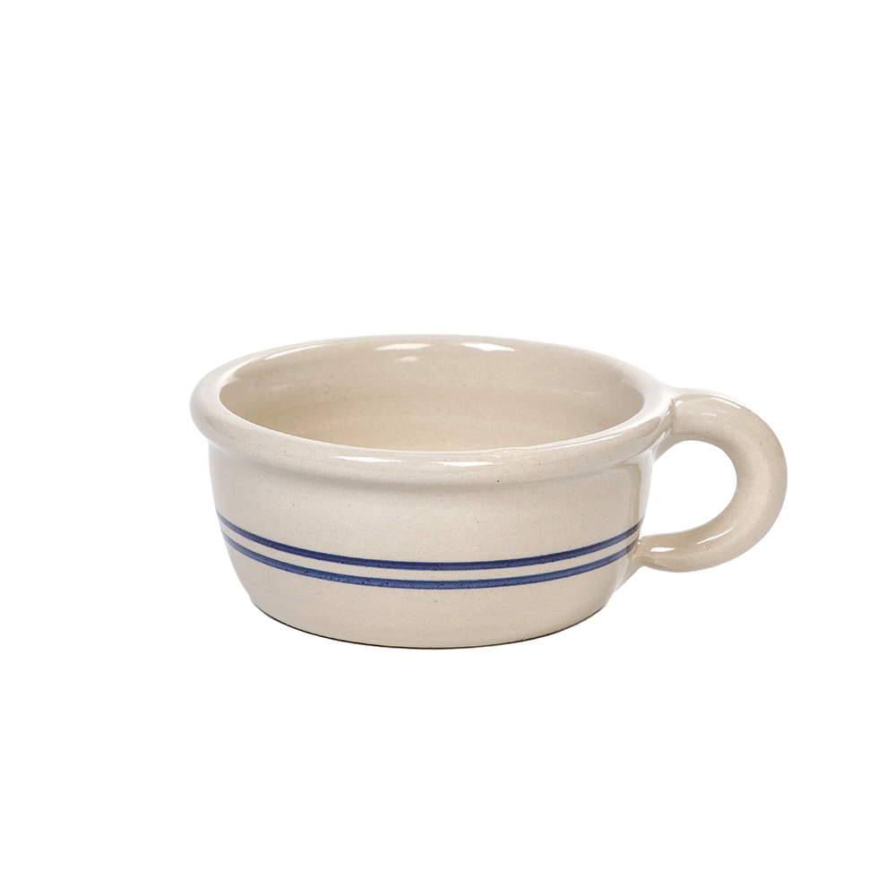 Handcrafted stoneware chili bowl in natural color with double blue stripes and a handle, made in USA, perfect for Kitchen & Food, Dinnerware, Best Sellers, and Promo Eligible collections.