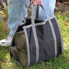 Handcrafted Amish-made canvas carrier with sturdy gray nylon straps, designed for carrying medium logs easily, featured in Farm, Garden & Tool, Stoves, Wood Cutting and Hauling, USA Made, and Hearth Accessories collections.