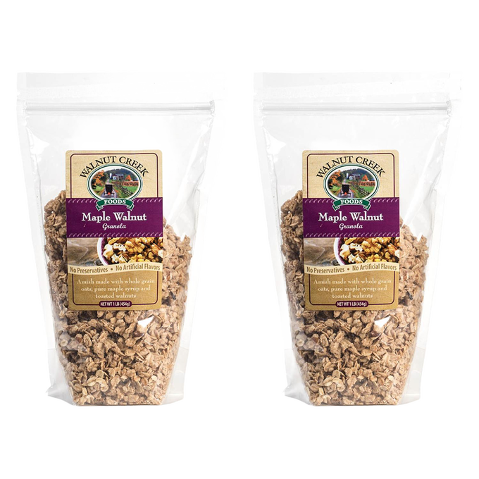 Two clear resealable bags of handcrafted Amish-made maple walnut granola with whole grain oats, pure maple syrup, and toasted walnuts, made in USA, ideal for Kitchen & Food and Snacks collections.