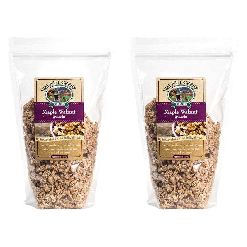 Two clear resealable bags of handcrafted Amish-made maple walnut granola with whole grain oats, pure maple syrup, and toasted walnuts, made in USA, ideal for Kitchen & Food and Snacks collections.