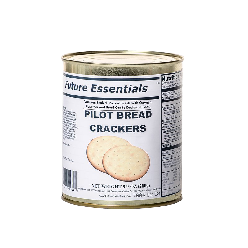 Metal can containing vacuum-sealed handcrafted pilot bread crackers with oxygen absorber and food-grade desiccant, ideal for Farm, Garden & Tool, Kitchen & Food, Emergency Supplies, Food, Pantry, Best Sellers, and Promo Eligible collections.