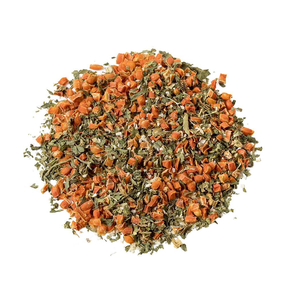 Close-up of a colorful blend of dehydrated carrots, celery, and onion pieces, showcasing a pantry-ready emergency food supply ingredient, USA made and ideal for kitchen, farm, and garden use.