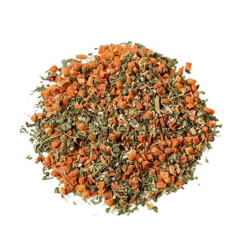 Close-up of a colorful blend of dehydrated carrots, celery, and onion pieces, showcasing a pantry-ready emergency food supply ingredient, USA made and ideal for kitchen, farm, and garden use.