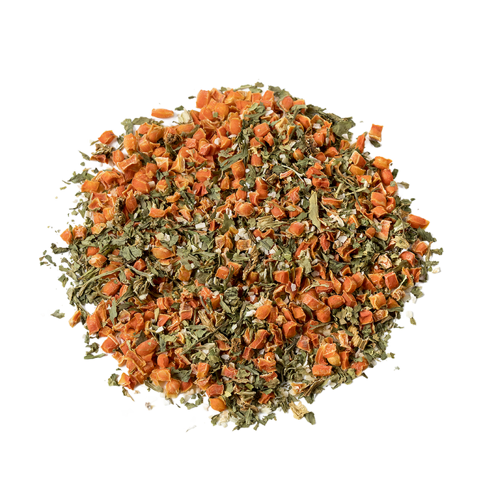 Close-up of a colorful blend of dehydrated carrots, celery, and onion pieces, showcasing a pantry-ready emergency food supply ingredient, USA made and ideal for kitchen, farm, and garden use.