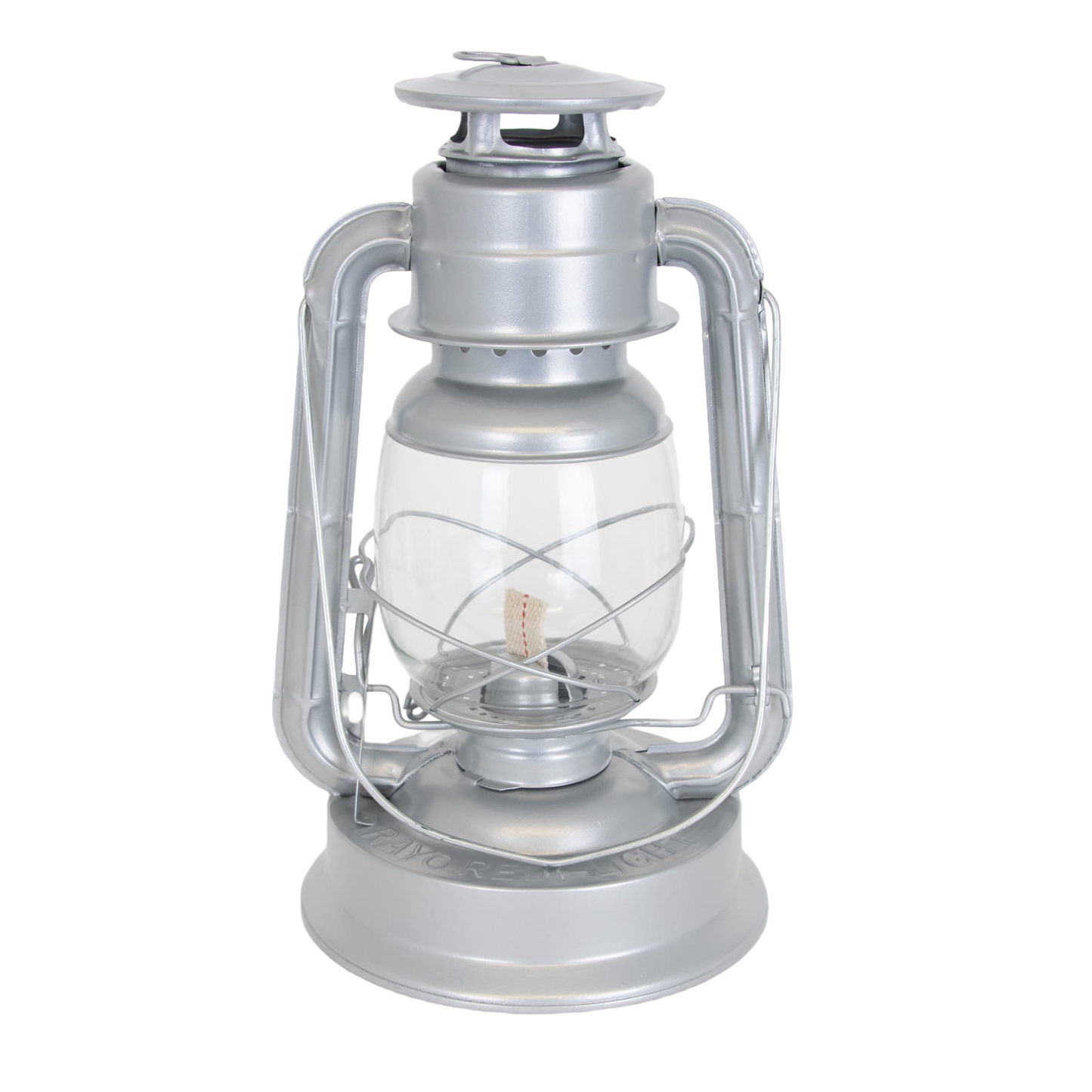 Handcrafted silver metal lantern with weather-resistant powder-coated finish and clear glass globe protected by wire guard, ideal for Farm, Garden & Tool, Camping, Emergency Supplies, and Lamps & Lighting collections.