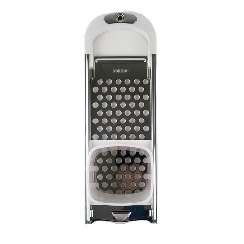 Stainless steel grater with white plastic frame and hand guard, designed as a kitchen gadget for grating dough or vegetables, ideal for Kitchen & Food, Cookware, Baking Supplies, and Best Sellers collections.