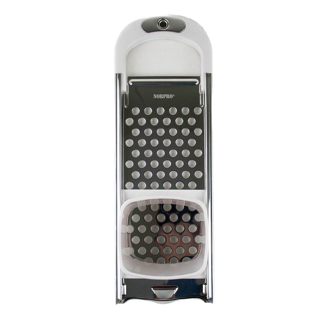 Stainless steel grater with white plastic frame and hand guard, designed as a kitchen gadget for grating dough or vegetables, ideal for Kitchen & Food, Cookware, Baking Supplies, and Best Sellers collections.