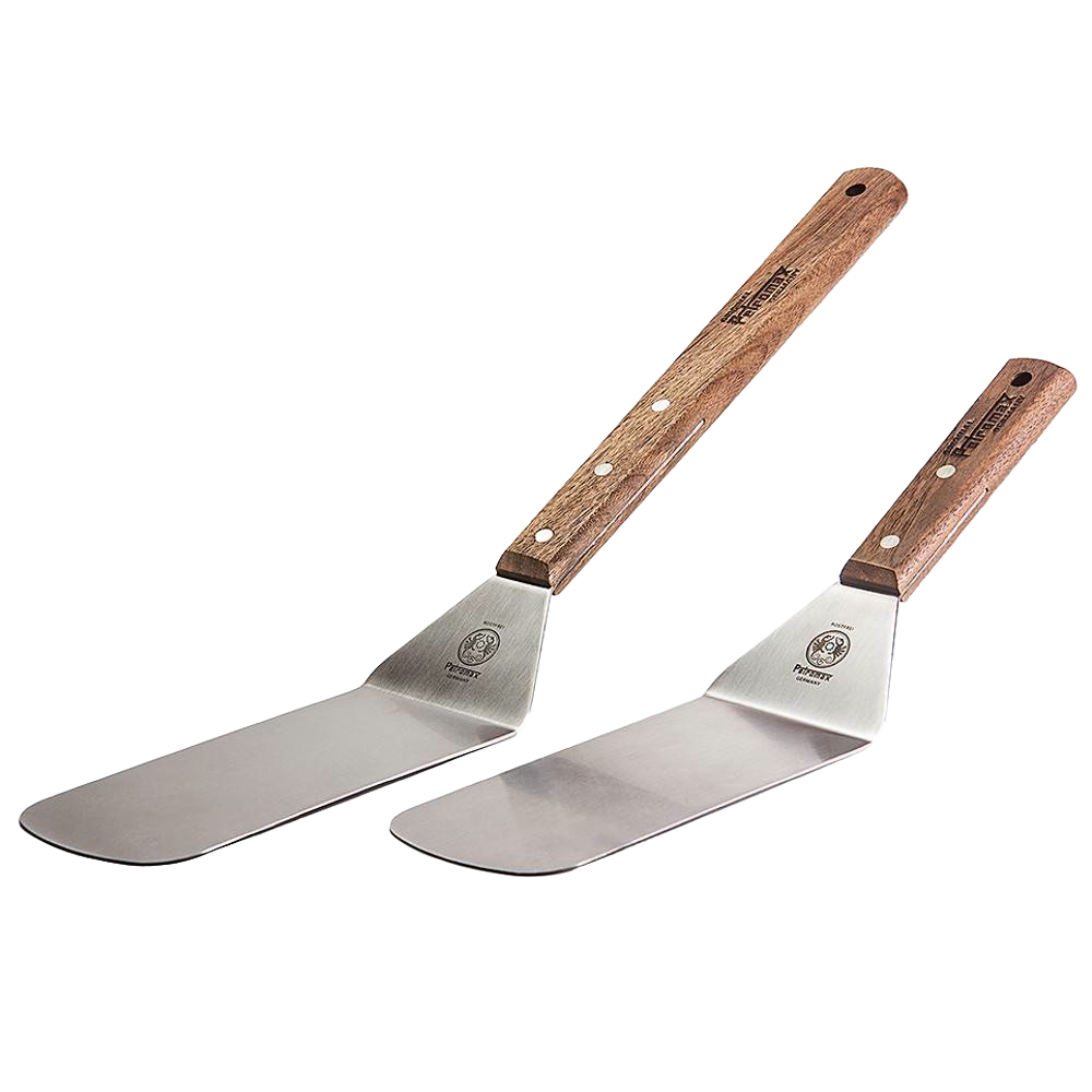 Two flexible spatulas featuring polished stainless steel blades and smooth wooden handles engraved with logos, designed for grilling and cooking in Kitchen & Food and Grilling collections.