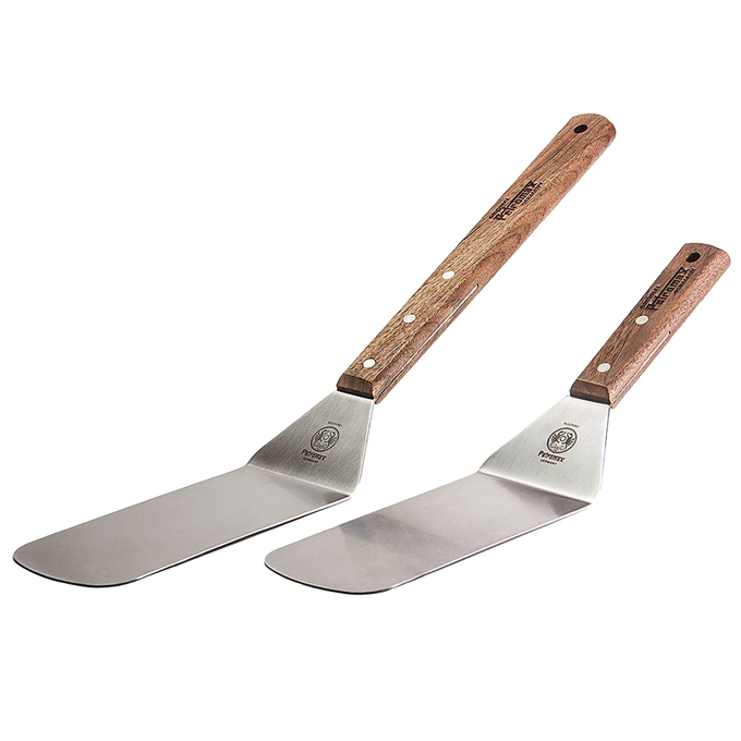 Two flexible spatulas featuring polished stainless steel blades and smooth wooden handles engraved with logos, designed for grilling and cooking in Kitchen & Food and Grilling collections.