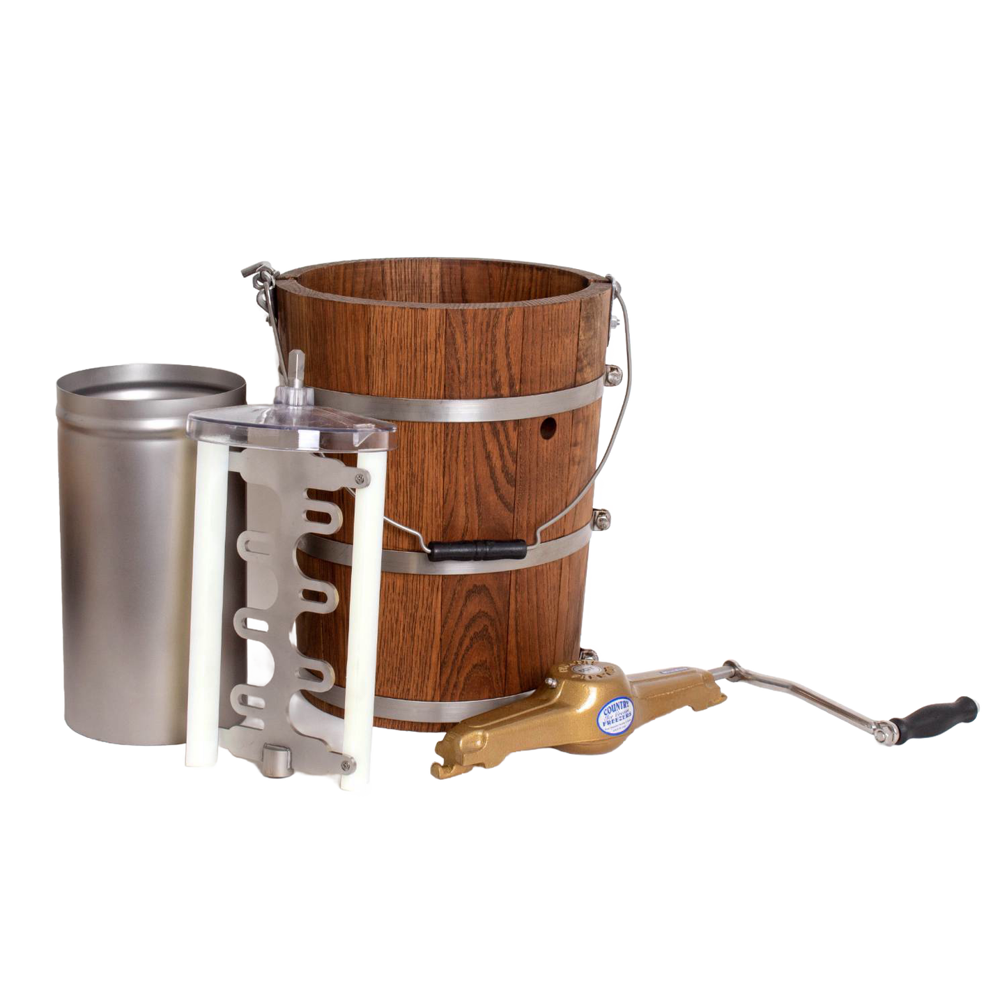Handcrafted Amish-made wooden ice cream freezer with metal bands, durable crank handle, and stainless steel inner container, ideal for Kitchen & Food, Specialty Equipment, and USA Made collections.
