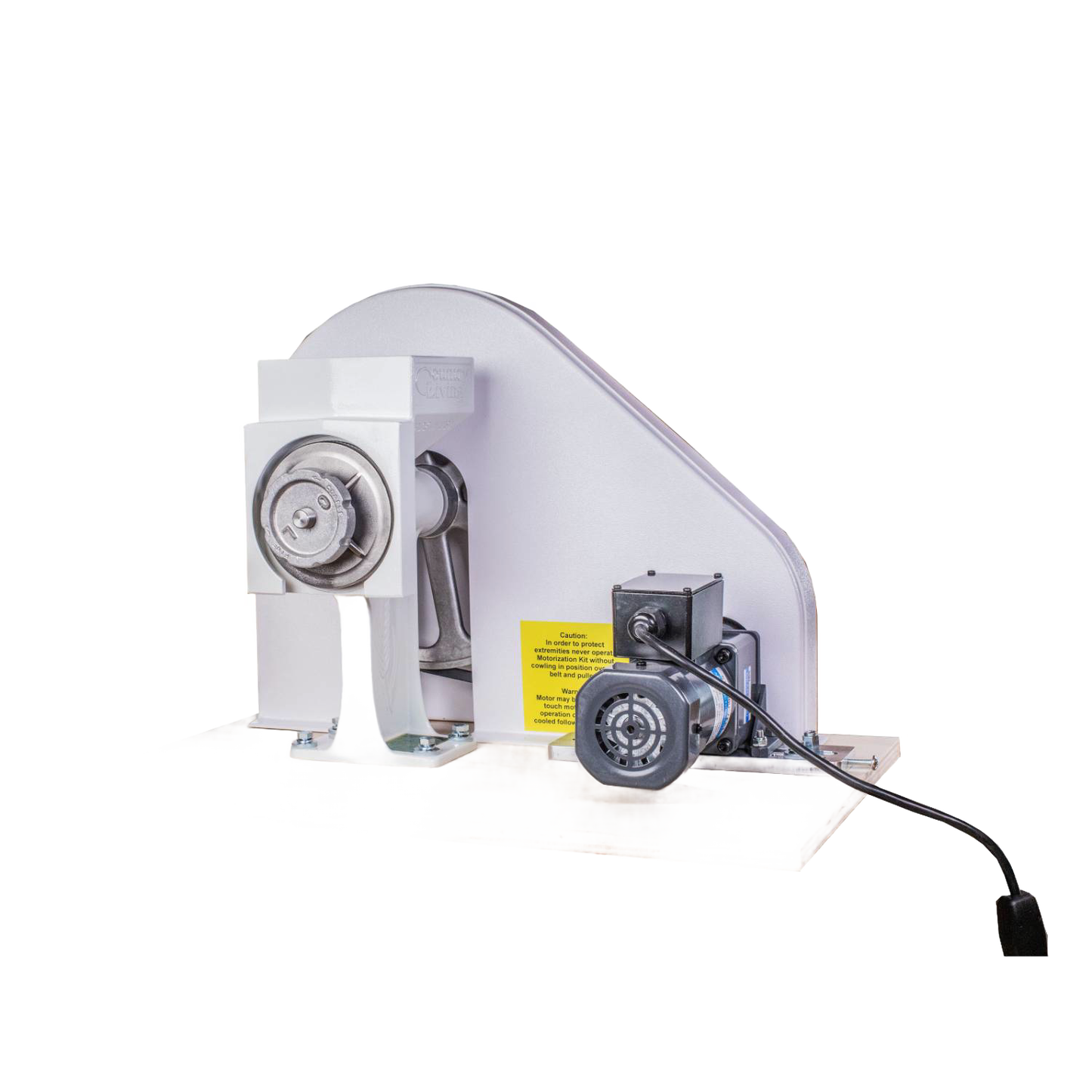 Handcrafted motorization kit with gear-reduced electric motor, pulley, belt, and mounting board, designed for grain mills, ideal for Kitchen & Food and USA Made collections.