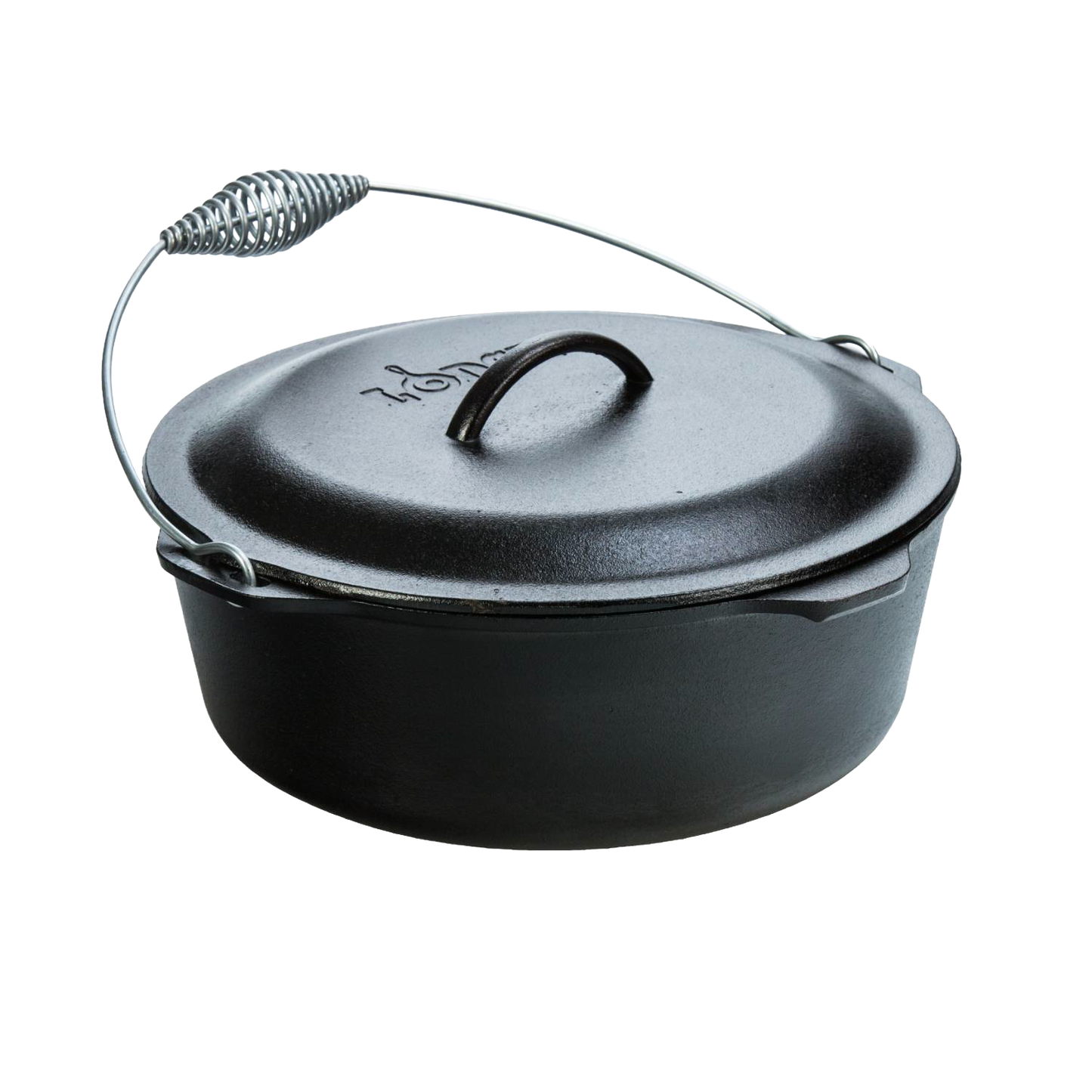 Pre-seasoned cast iron Dutch oven with spiral handle and self-basting lid featuring nubs on the underside, suitable for Kitchen & Food, Cookware, Cast Iron, USA Made, Best Sellers, and Promo Eligible collections.