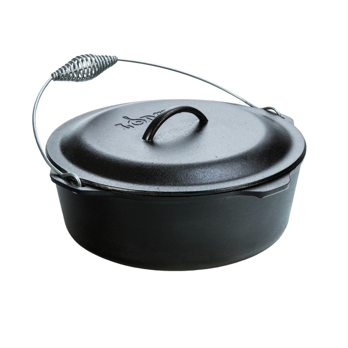 Pre-seasoned cast iron Dutch oven with spiral handle and self-basting lid featuring nubs on the underside, suitable for Kitchen & Food, Cookware, Cast Iron, USA Made, Best Sellers, and Promo Eligible collections.