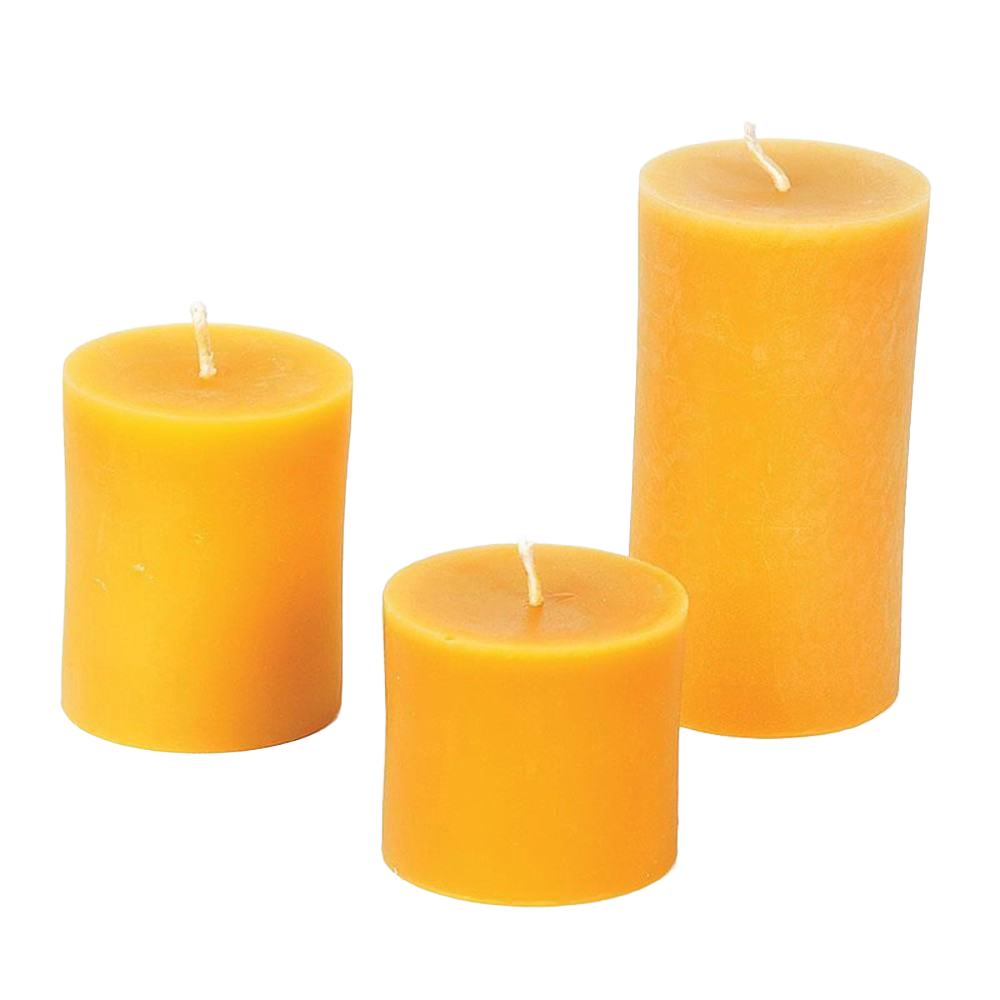 Set of three handcrafted 100% beeswax pillar candles in natural honey tone with burn times from 40 to 100 hours, made in USA, featured in Lamps & Lighting, Candles and Candlemaking collections.
