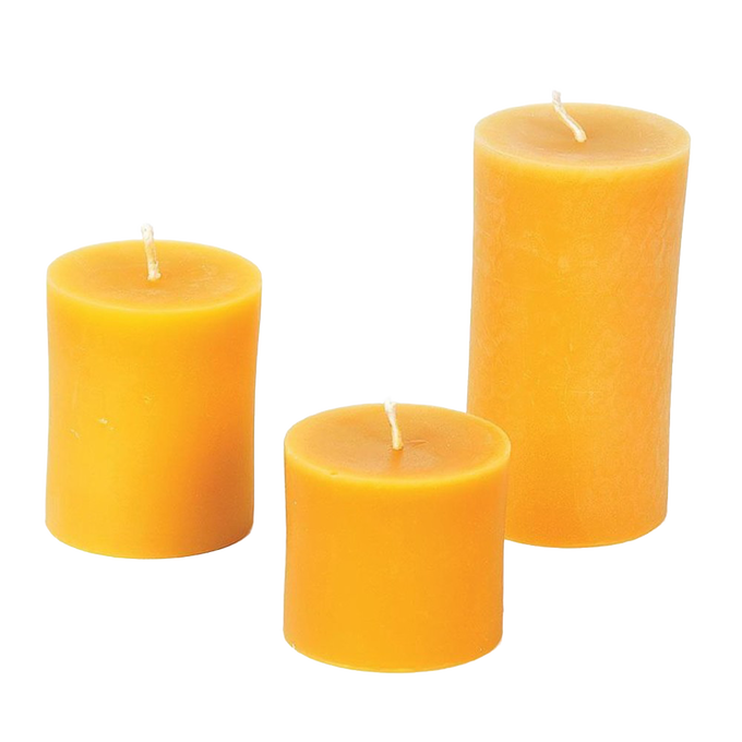 Set of three handcrafted 100% beeswax pillar candles in natural honey tone with burn times from 40 to 100 hours, made in USA, featured in Lamps & Lighting, Candles and Candlemaking collections.