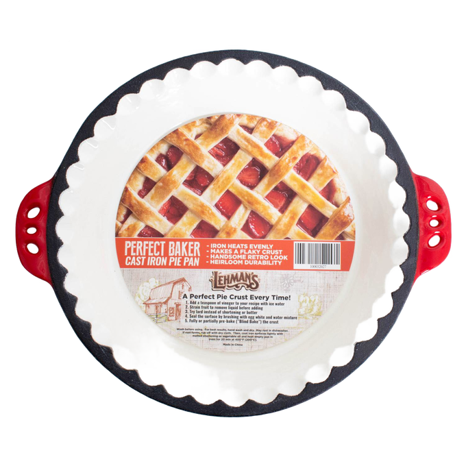 Handcrafted cast iron pie pan with crimped edges and red handles, designed for even heat and durable baking, featured in Kitchen & Food, Cookware, Cast Iron, Baking Supplies, Best Sellers, and Promo Eligible collections.
