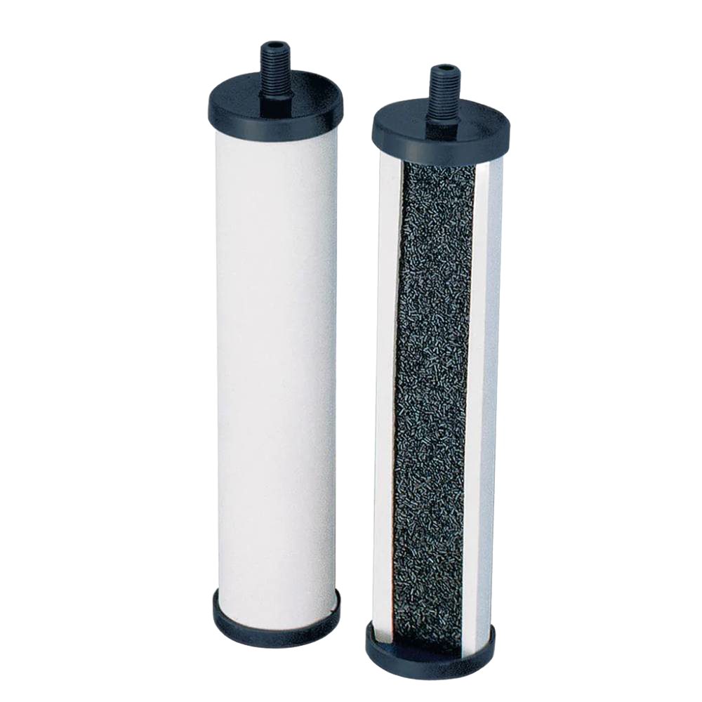 Replacement elements for tabletop water filtration system featuring two cylindrical filters with black end caps, ideal for emergency supplies and water treatment appliances.