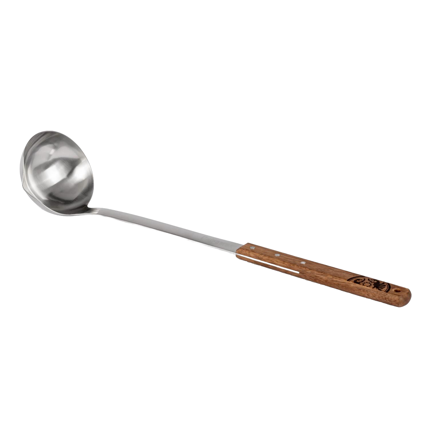 Generously sized stainless steel ladle with an engraved wooden handle, crafted for effortless serving in camping, kitchen, farm, and soups collections.